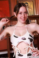 Big Eyes with the cow print dress and stockings